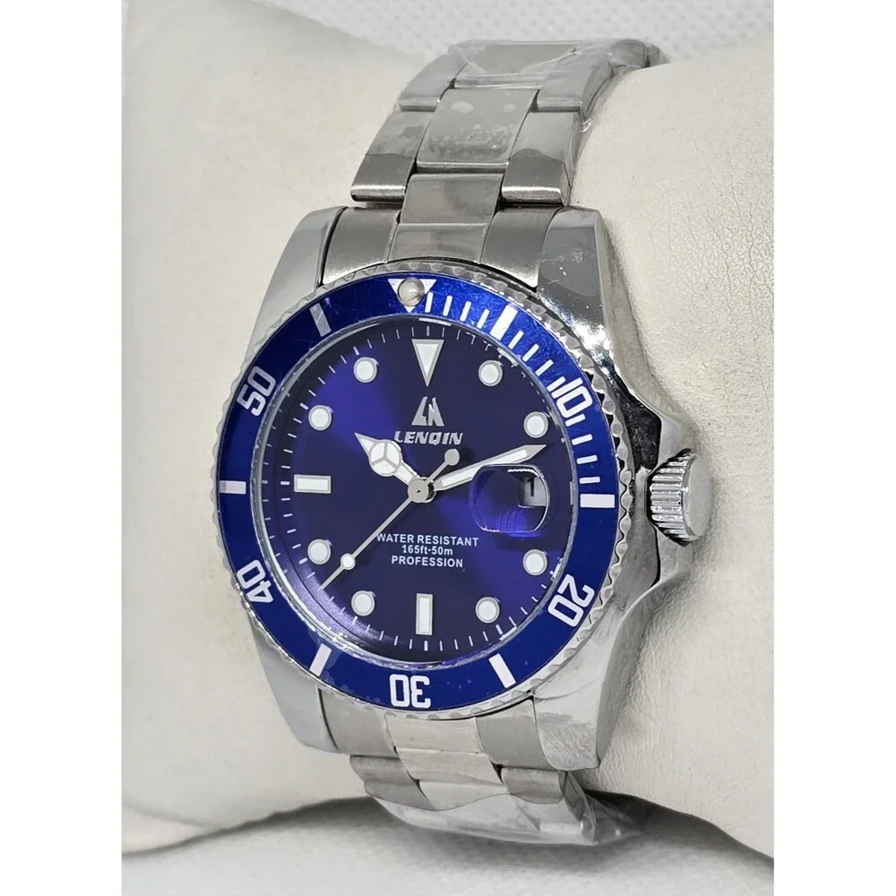 Men's Lenqin Classic Silver Tone Blue Dial Luminous Date Bracelet Watch 13